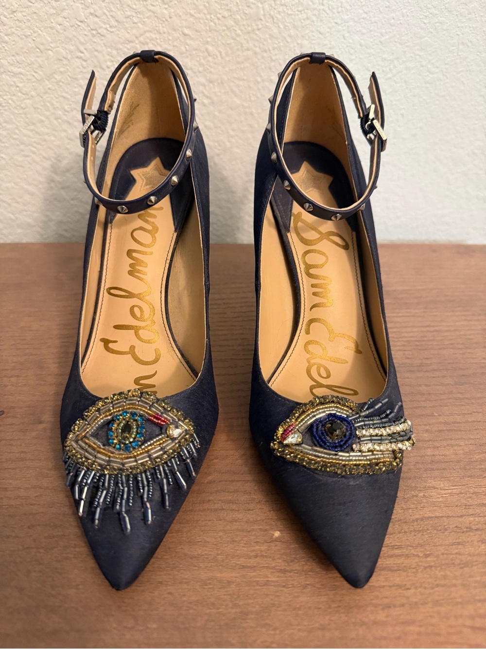 Sam Edelman Navy Beaded Pointed-Toe Ankle-Strap Pumps Evil Eye Size 7